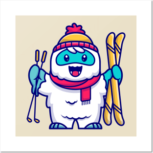 Cute Yeti Playing Ski Cartoon Posters and Art